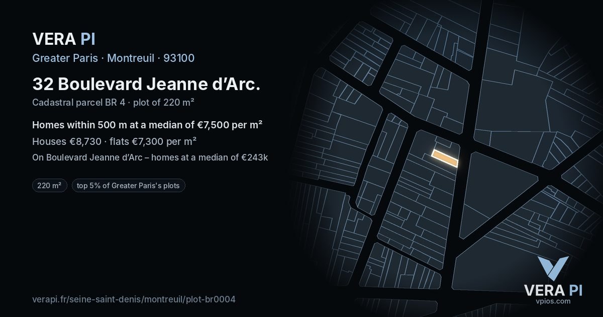 32 Boulevard Jeanne d’Arc, Montreuil at night – the plot lit, the parcels around coloured by the prices near them