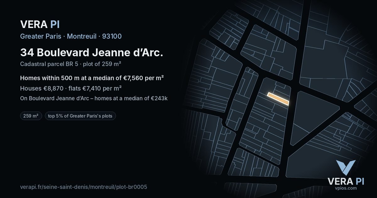 34 Boulevard Jeanne d’Arc, Montreuil at night – the plot lit, the parcels around coloured by the prices near them