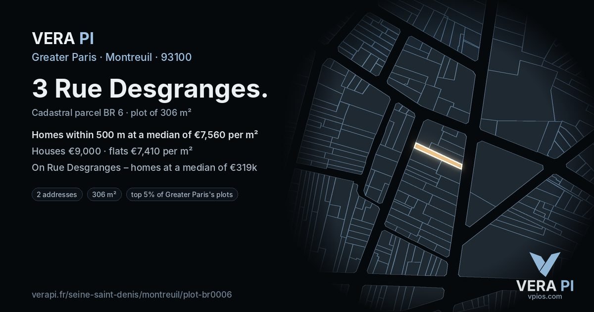 3 Rue Desgranges, Montreuil at night – the plot lit, the parcels around coloured by the prices near them