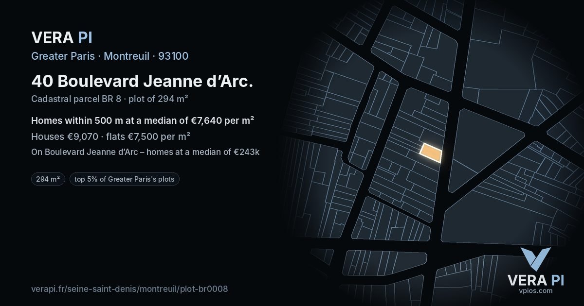 40 Boulevard Jeanne d’Arc, Montreuil at night – the plot lit, the parcels around coloured by the prices near them