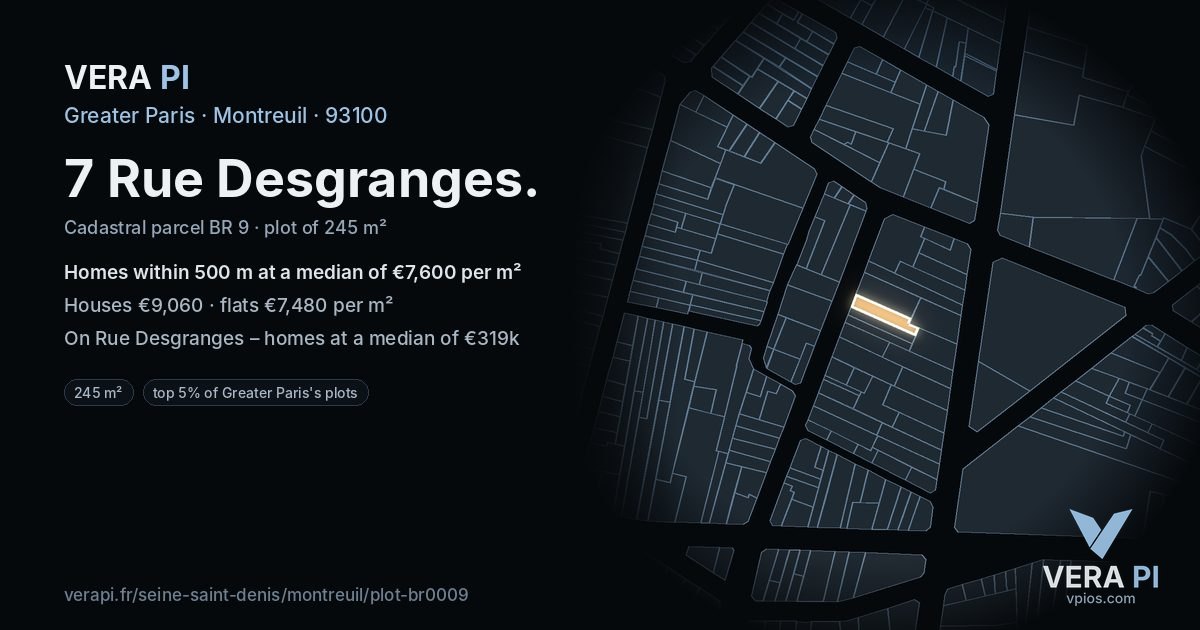 7 Rue Desgranges, Montreuil at night – the plot lit, the parcels around coloured by the prices near them
