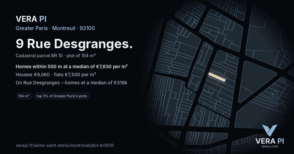 9 Rue Desgranges, Montreuil at night – the plot lit, the parcels around coloured by the prices near them