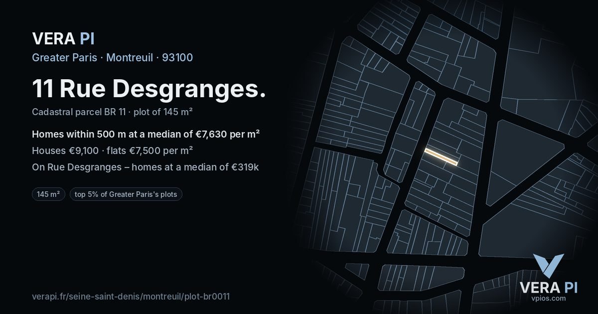 11 Rue Desgranges, Montreuil at night – the plot lit, the parcels around coloured by the prices near them