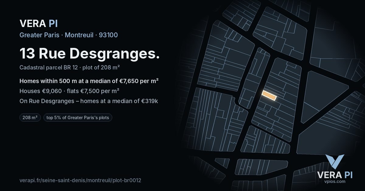 13 Rue Desgranges, Montreuil at night – the plot lit, the parcels around coloured by the prices near them