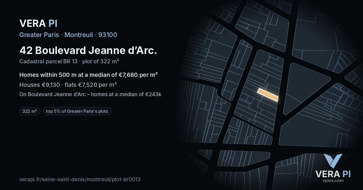 42 Boulevard Jeanne d’Arc, Montreuil at night – the plot lit, the parcels around coloured by the prices near them