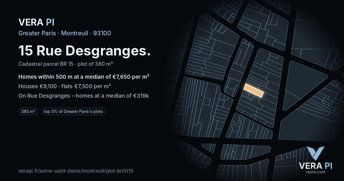 15 Rue Desgranges, Montreuil at night – the plot lit, the parcels around coloured by the prices near them