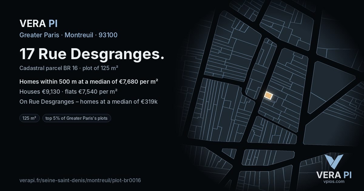 17 Rue Desgranges, Montreuil at night – the plot lit, the parcels around coloured by the prices near them
