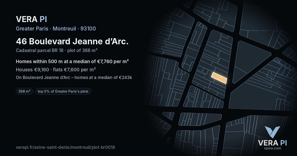 46 Boulevard Jeanne d’Arc, Montreuil at night – the plot lit, the parcels around coloured by the prices near them