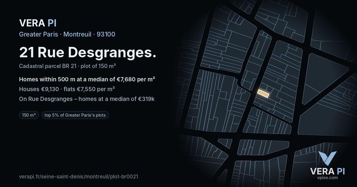 21 Rue Desgranges, Montreuil at night – the plot lit, the parcels around coloured by the prices near them