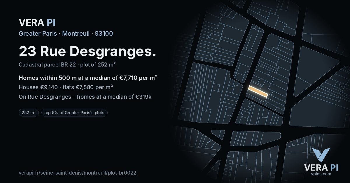 23 Rue Desgranges, Montreuil at night – the plot lit, the parcels around coloured by the prices near them