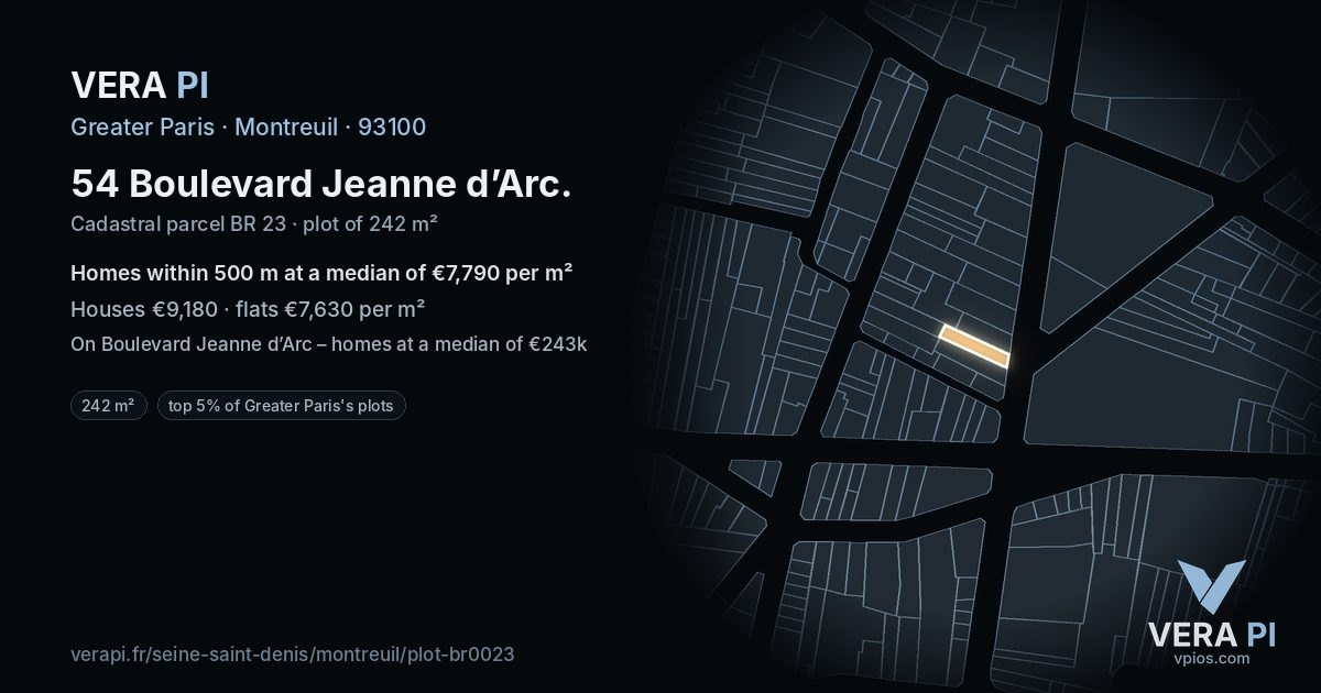 54 Boulevard Jeanne d’Arc, Montreuil at night – the plot lit, the parcels around coloured by the prices near them