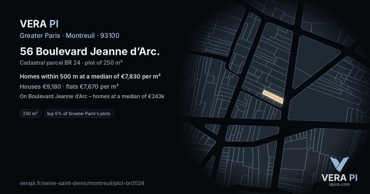 56 Boulevard Jeanne d’Arc, Montreuil at night – the plot lit, the parcels around coloured by the prices near them
