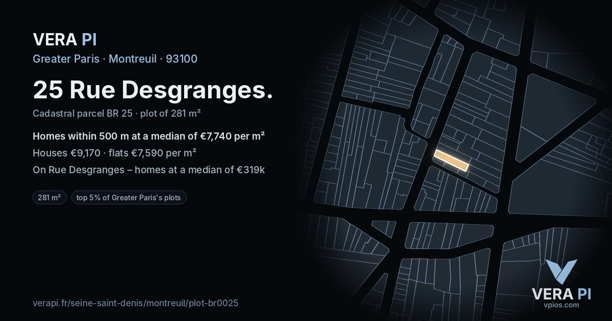 25 Rue Desgranges, Montreuil at night – the plot lit, the parcels around coloured by the prices near them