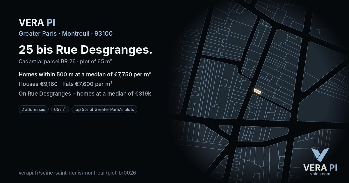 25 bis Rue Desgranges, Montreuil at night – the plot lit, the parcels around coloured by the prices near them