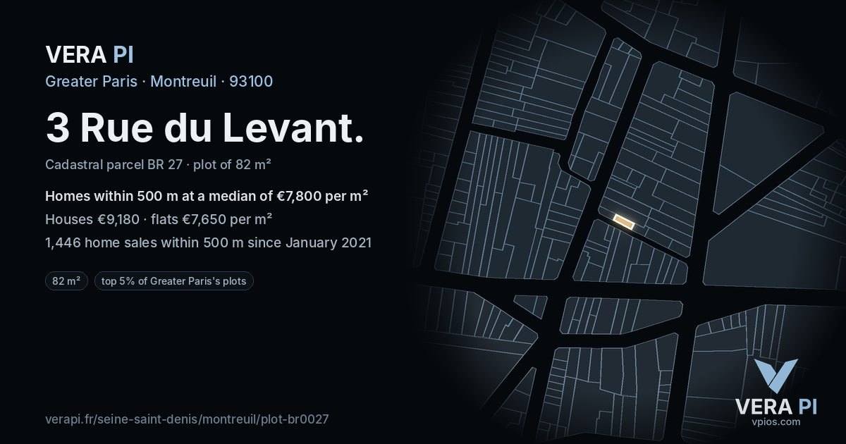3 Rue du Levant, Montreuil at night – the plot lit, the parcels around coloured by the prices near them