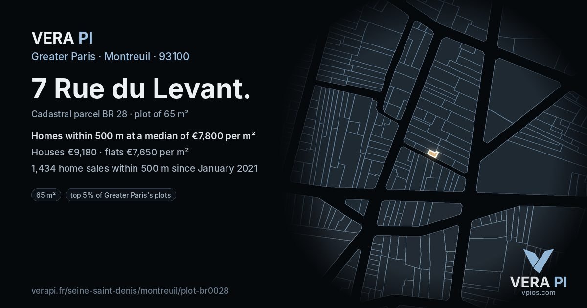 7 Rue du Levant, Montreuil at night – the plot lit, the parcels around coloured by the prices near them