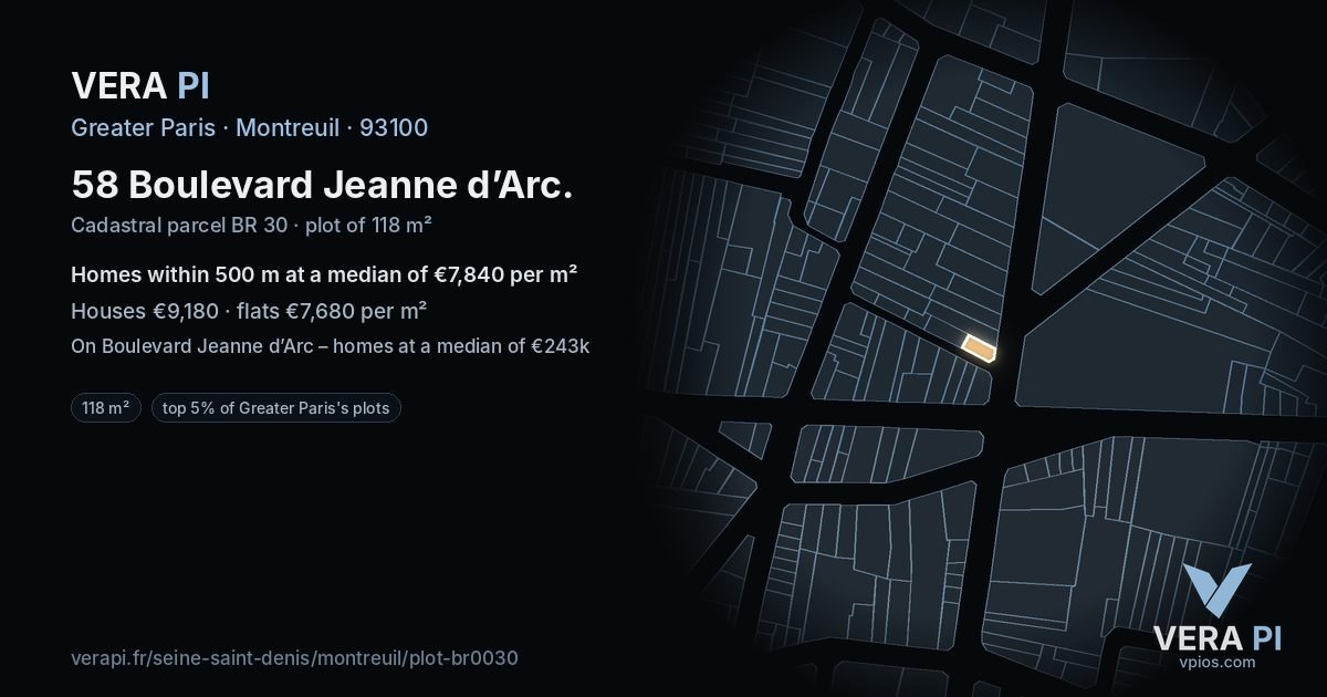 58 Boulevard Jeanne d’Arc, Montreuil at night – the plot lit, the parcels around coloured by the prices near them