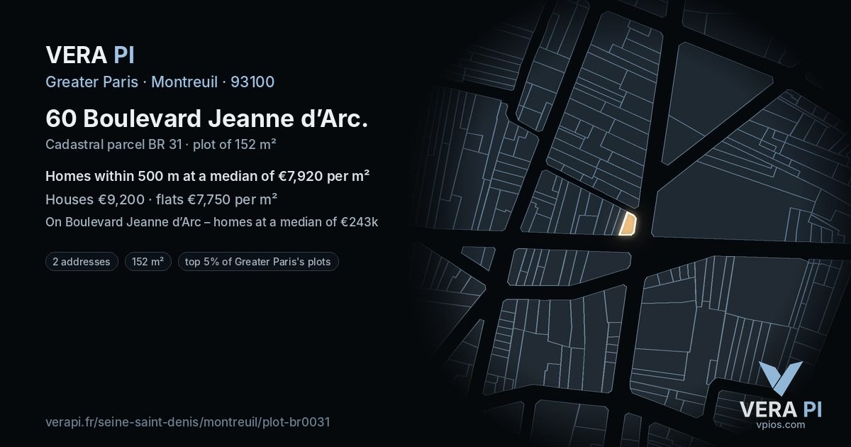 60 Boulevard Jeanne d’Arc, Montreuil at night – the plot lit, the parcels around coloured by the prices near them