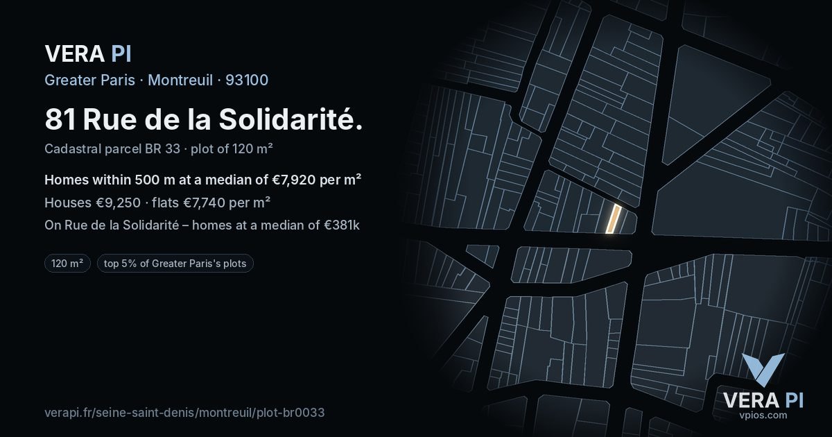 81 Rue de la Solidarité, Montreuil at night – the plot lit, the parcels around coloured by the prices near them