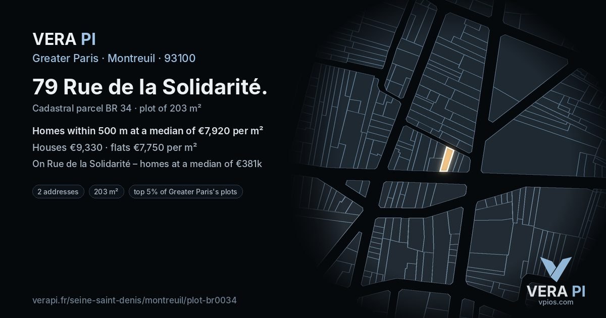 79 Rue de la Solidarité, Montreuil at night – the plot lit, the parcels around coloured by the prices near them