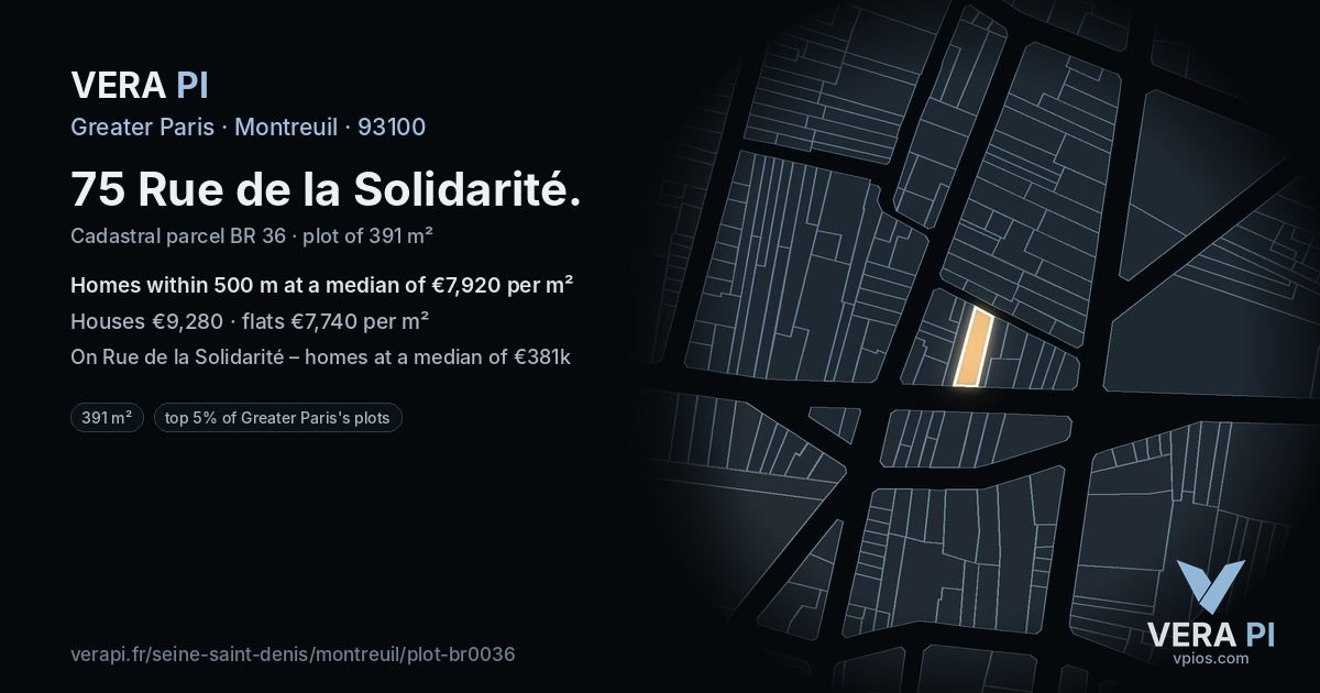 75 Rue de la Solidarité, Montreuil at night – the plot lit, the parcels around coloured by the prices near them