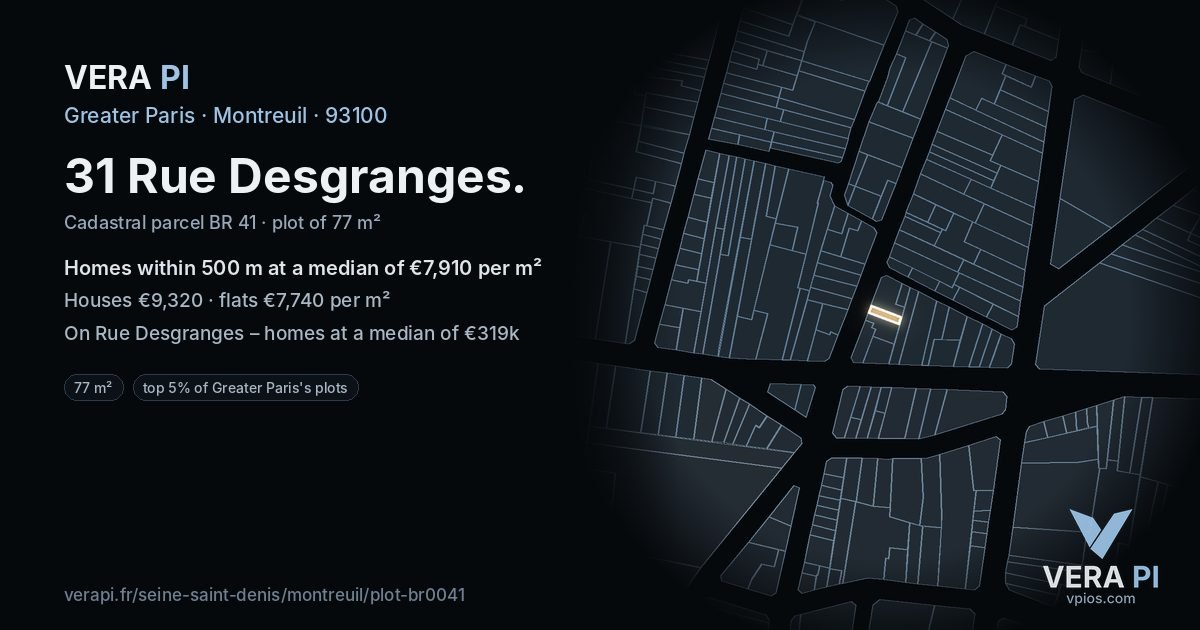 31 Rue Desgranges, Montreuil at night – the plot lit, the parcels around coloured by the prices near them