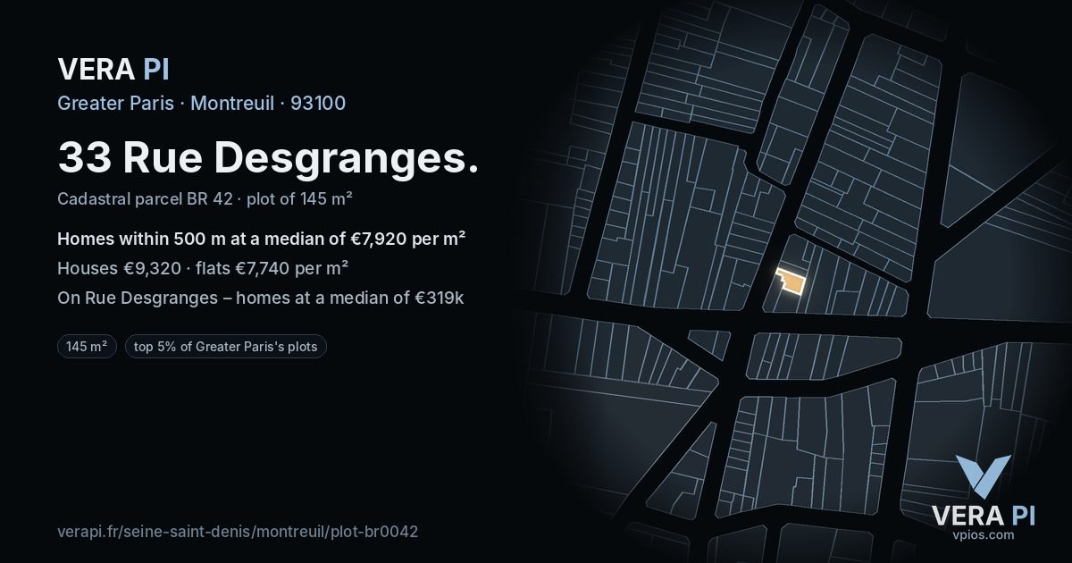 33 Rue Desgranges, Montreuil at night – the plot lit, the parcels around coloured by the prices near them