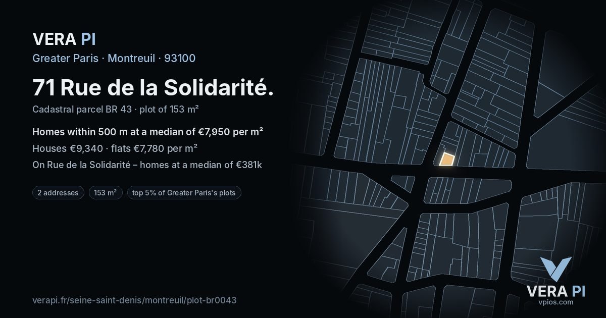 71 Rue de la Solidarité, Montreuil at night – the plot lit, the parcels around coloured by the prices near them