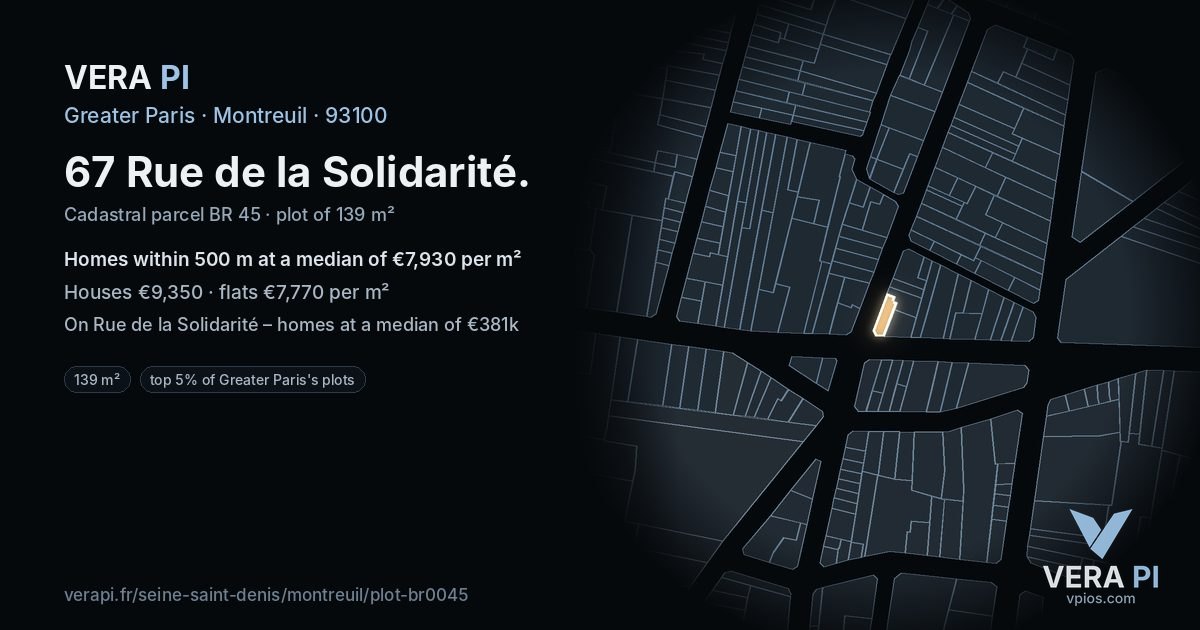 67 Rue de la Solidarité, Montreuil at night – the plot lit, the parcels around coloured by the prices near them