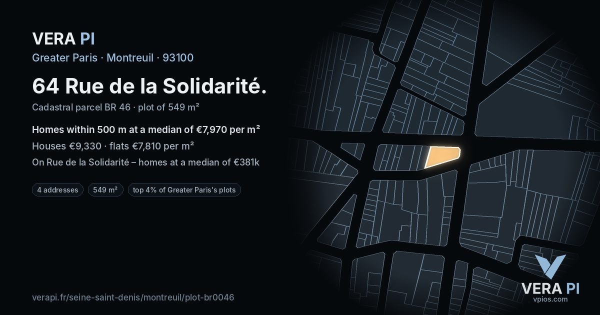 64 Rue de la Solidarité, Montreuil at night – the plot lit, the parcels around coloured by the prices near them