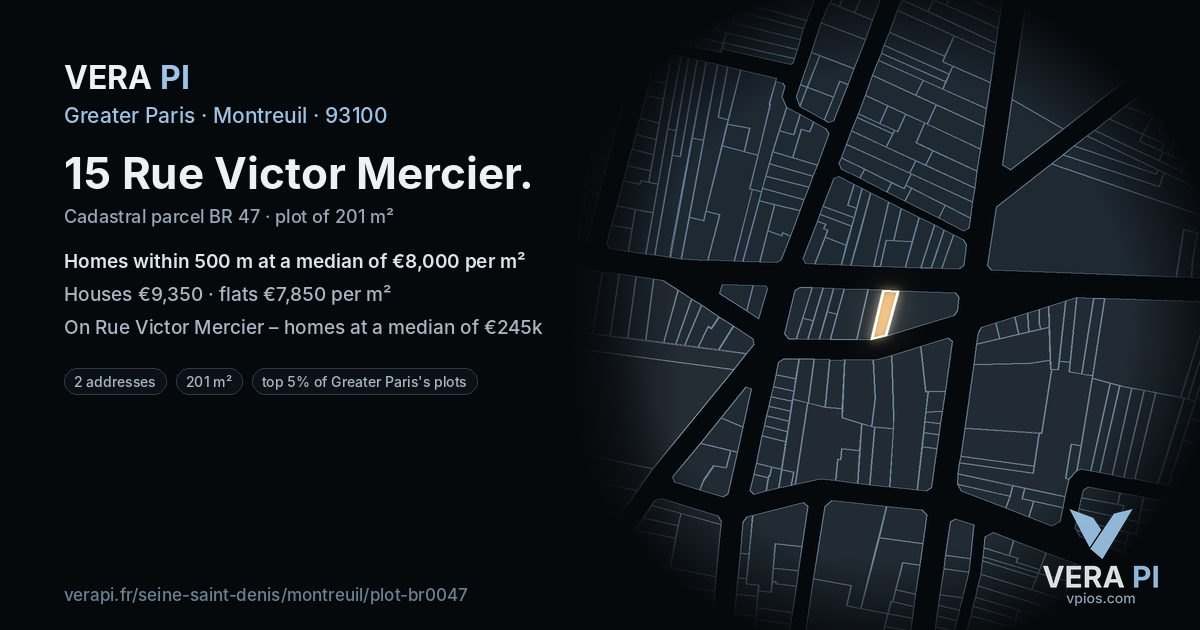 15 Rue Victor Mercier, Montreuil at night – the plot lit, the parcels around coloured by the prices near them