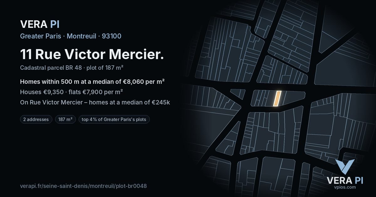 11 Rue Victor Mercier, Montreuil at night – the plot lit, the parcels around coloured by the prices near them