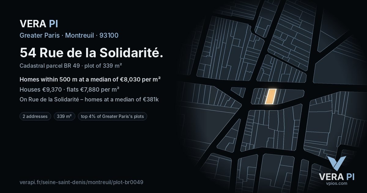 54 Rue de la Solidarité, Montreuil at night – the plot lit, the parcels around coloured by the prices near them