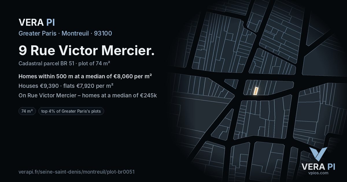 9 Rue Victor Mercier, Montreuil at night – the plot lit, the parcels around coloured by the prices near them