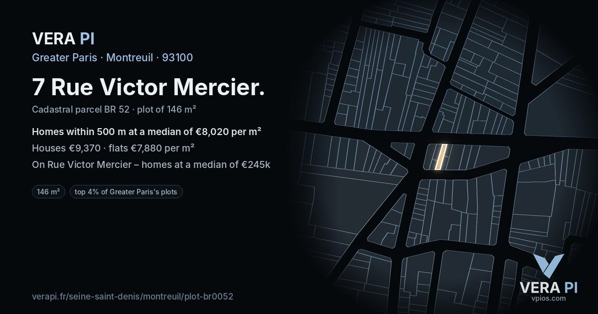 7 Rue Victor Mercier, Montreuil at night – the plot lit, the parcels around coloured by the prices near them