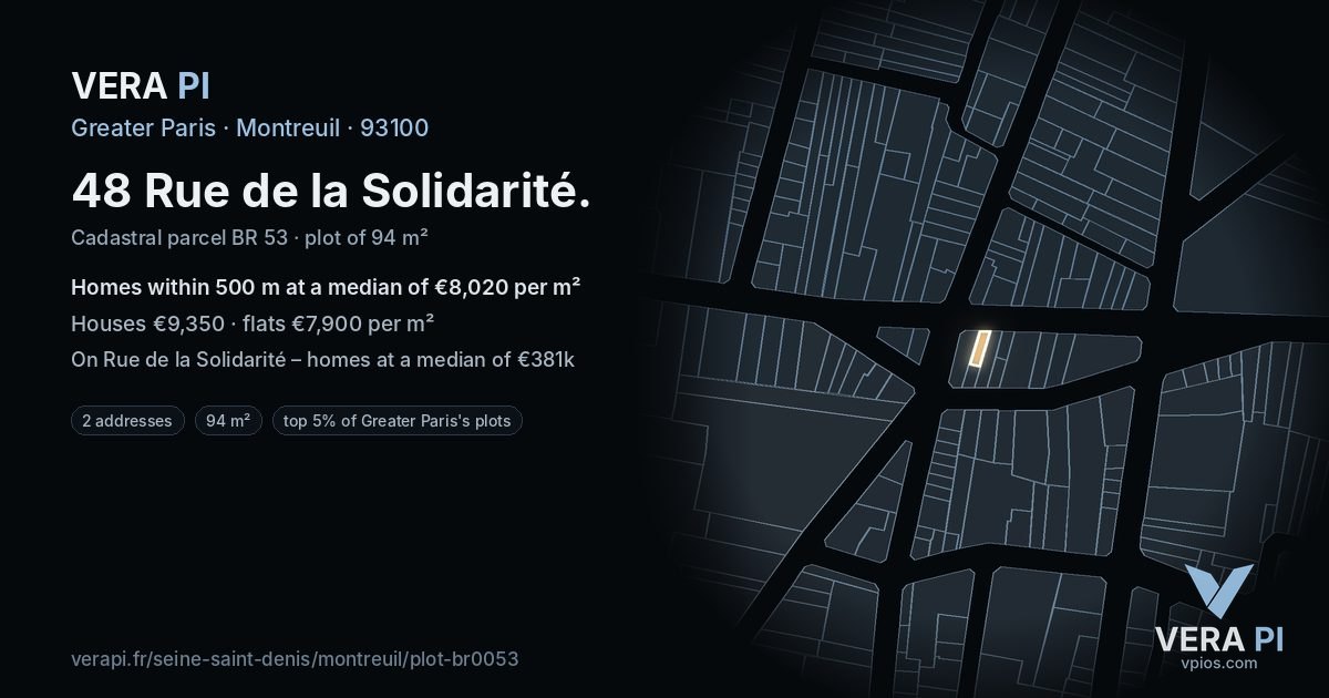 48 Rue de la Solidarité, Montreuil at night – the plot lit, the parcels around coloured by the prices near them