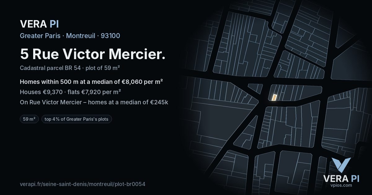 5 Rue Victor Mercier, Montreuil at night – the plot lit, the parcels around coloured by the prices near them