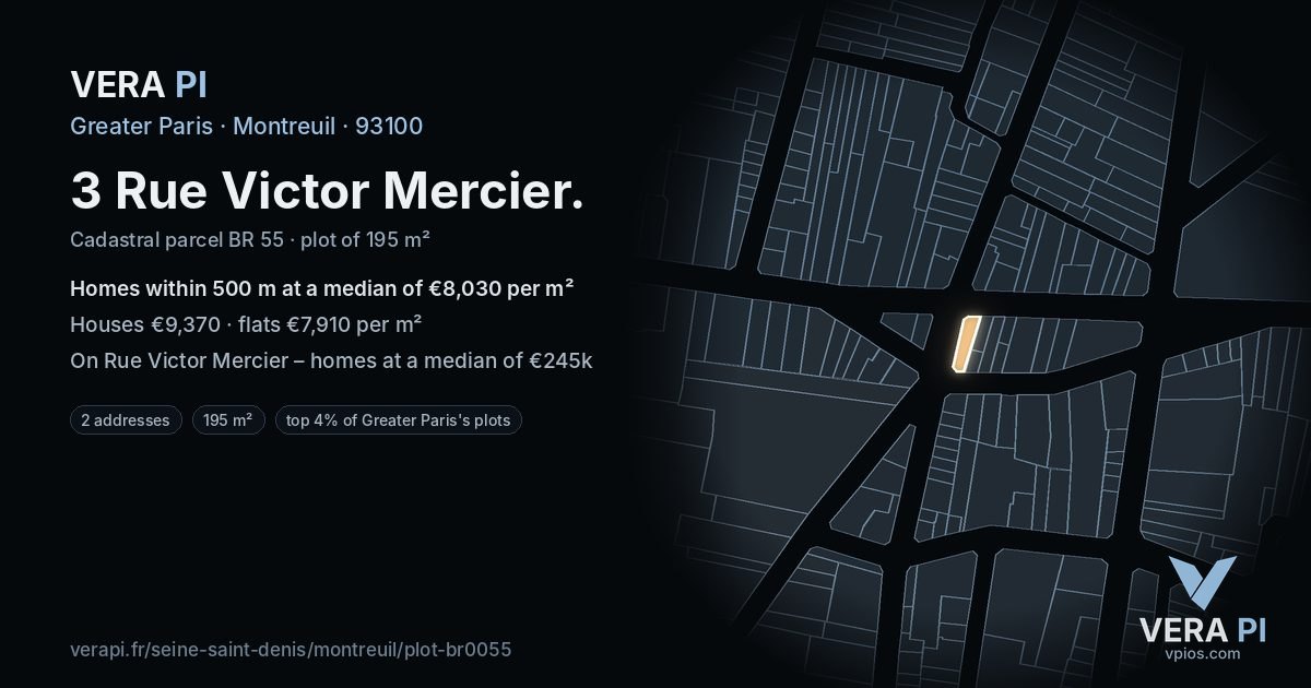 3 Rue Victor Mercier, Montreuil at night – the plot lit, the parcels around coloured by the prices near them