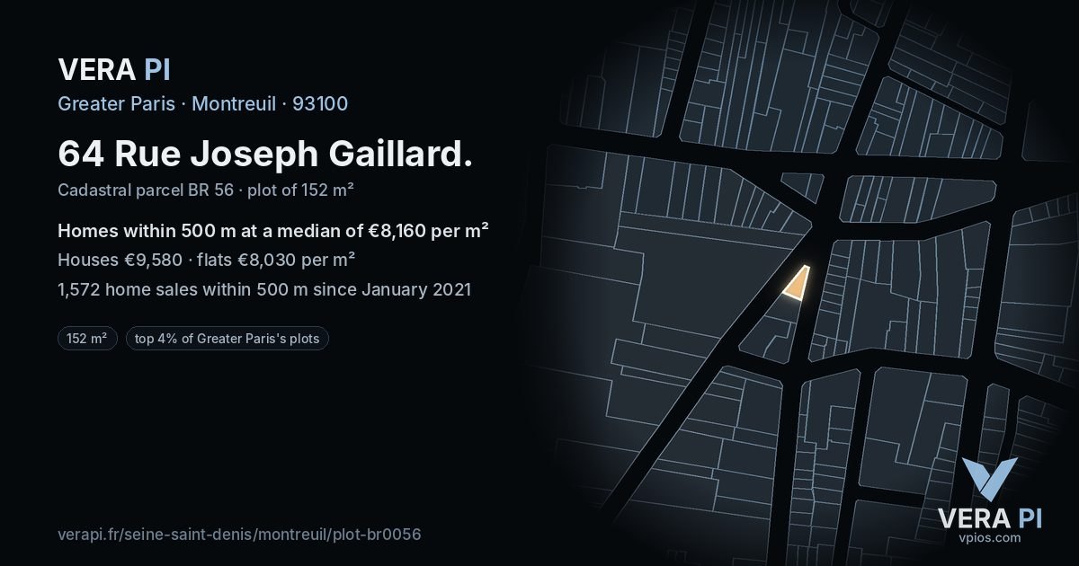 64 Rue Joseph Gaillard, Montreuil at night – the plot lit, the parcels around coloured by the prices near them