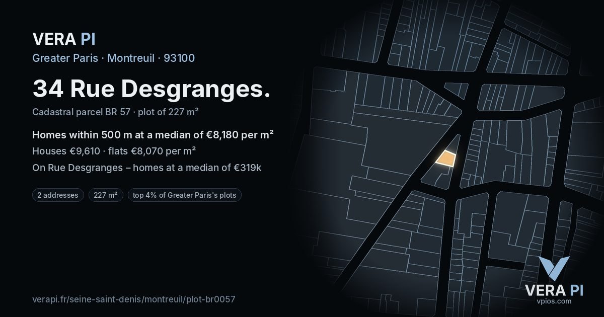 34 Rue Desgranges, Montreuil at night – the plot lit, the parcels around coloured by the prices near them