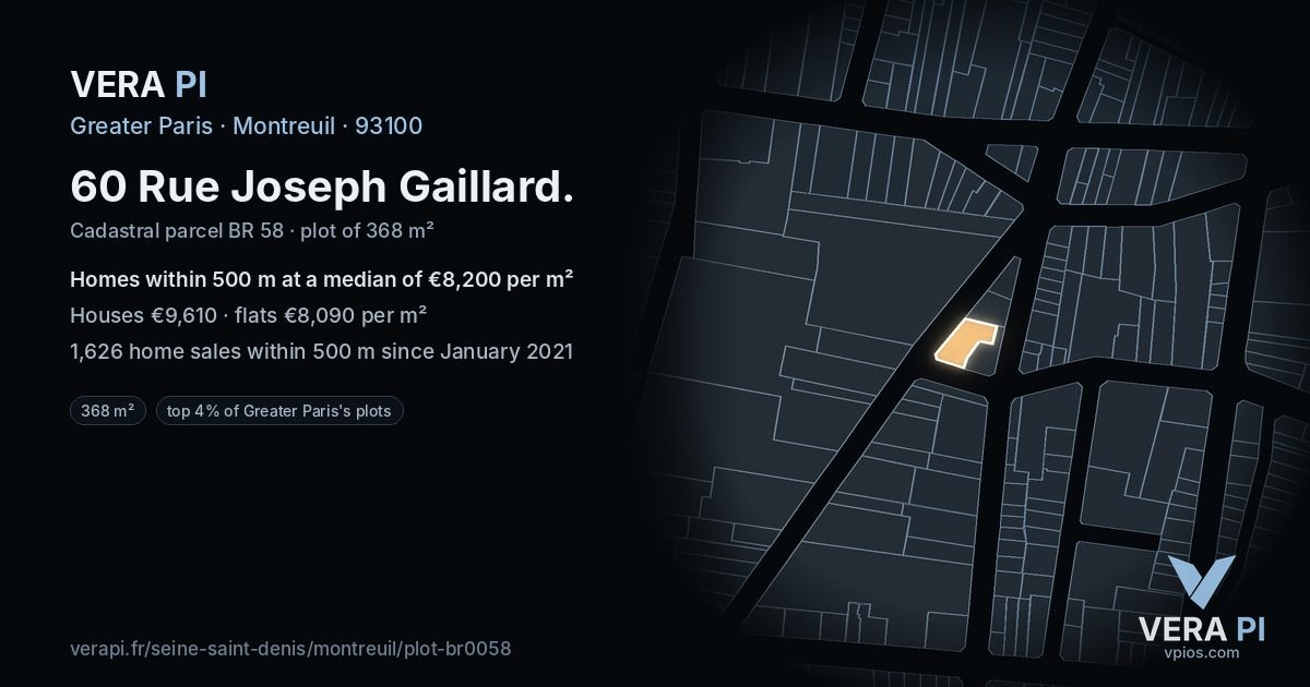 60 Rue Joseph Gaillard, Montreuil at night – the plot lit, the parcels around coloured by the prices near them