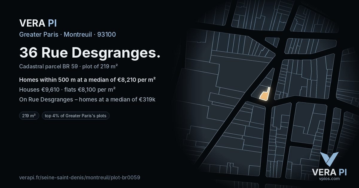 36 Rue Desgranges, Montreuil at night – the plot lit, the parcels around coloured by the prices near them