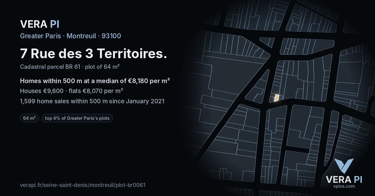 7 Rue des 3 Territoires, Montreuil at night – the plot lit, the parcels around coloured by the prices near them