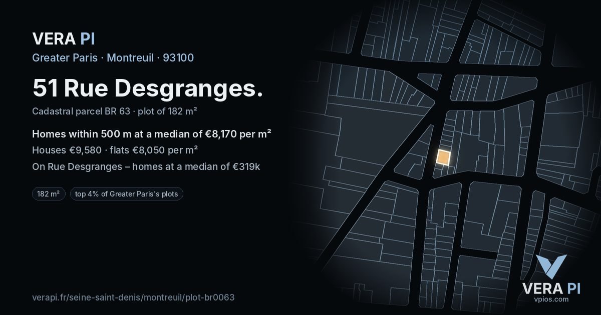 51 Rue Desgranges, Montreuil at night – the plot lit, the parcels around coloured by the prices near them