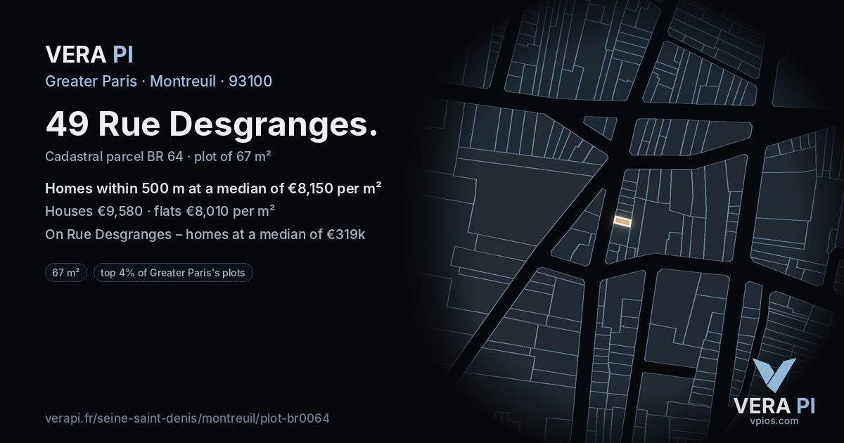 49 Rue Desgranges, Montreuil at night – the plot lit, the parcels around coloured by the prices near them