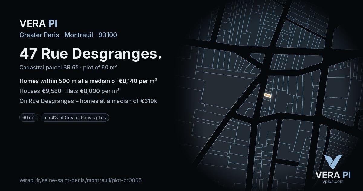 47 Rue Desgranges, Montreuil at night – the plot lit, the parcels around coloured by the prices near them