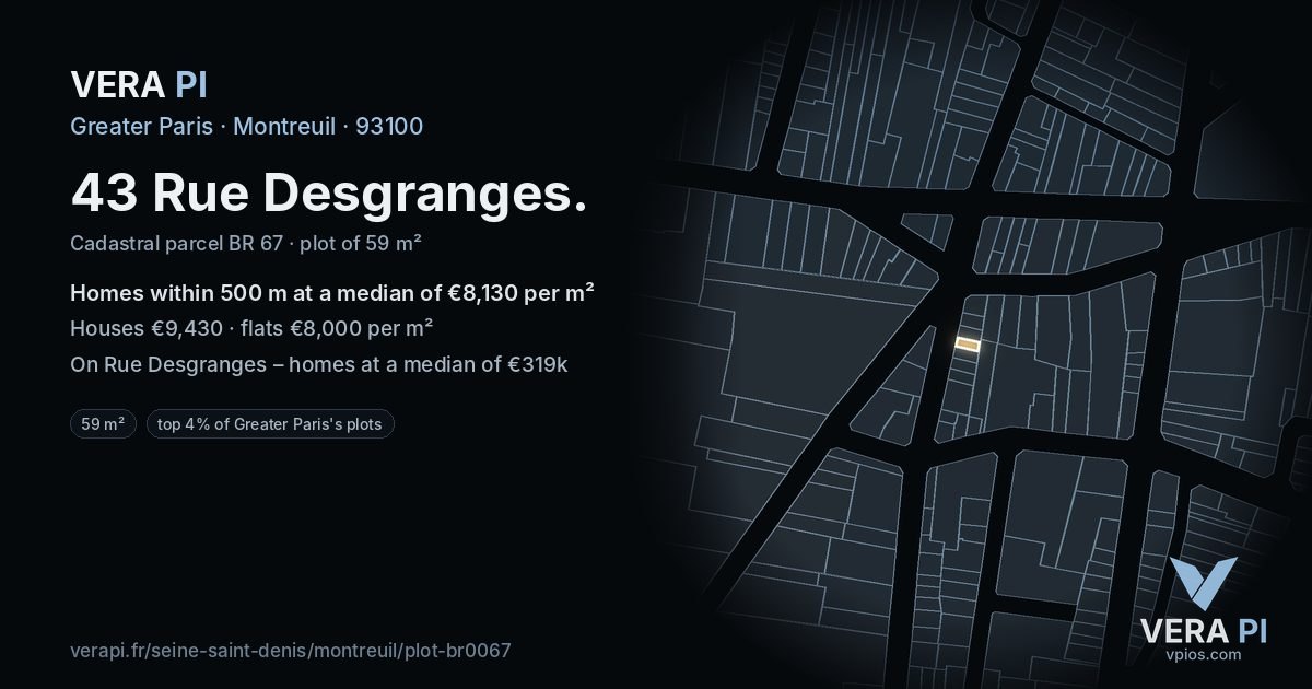 43 Rue Desgranges, Montreuil at night – the plot lit, the parcels around coloured by the prices near them