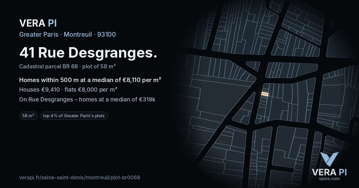 41 Rue Desgranges, Montreuil at night – the plot lit, the parcels around coloured by the prices near them