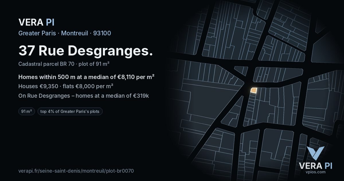 37 Rue Desgranges, Montreuil at night – the plot lit, the parcels around coloured by the prices near them