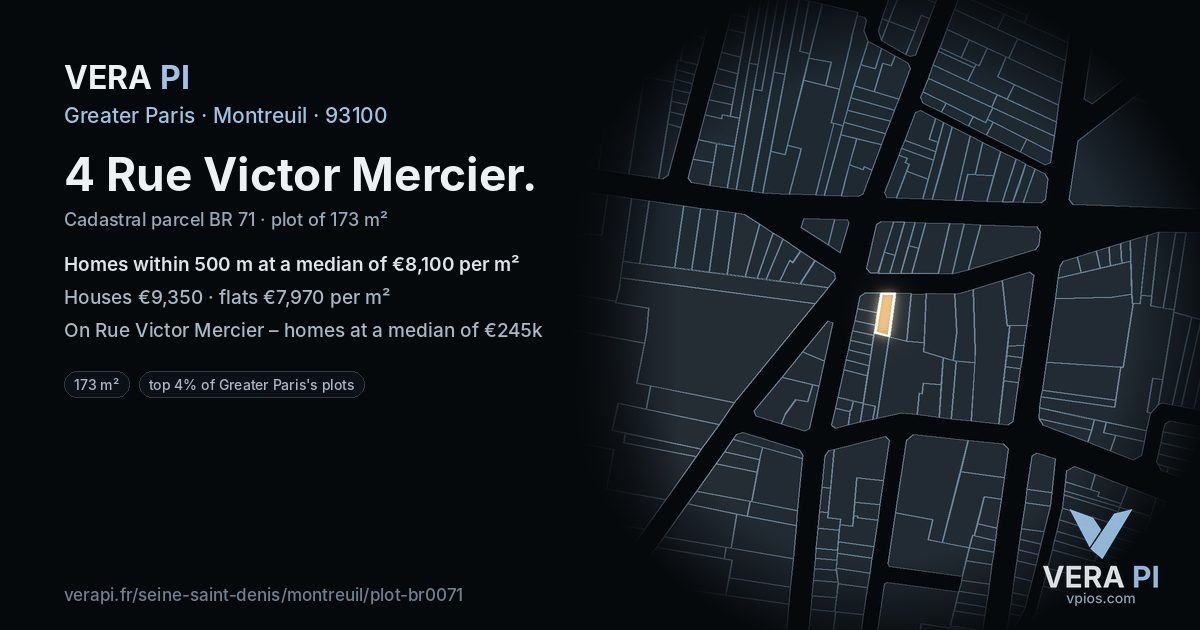4 Rue Victor Mercier, Montreuil at night – the plot lit, the parcels around coloured by the prices near them